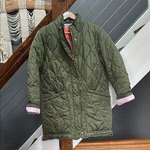 j crew signature puffer medium green with lilac lining